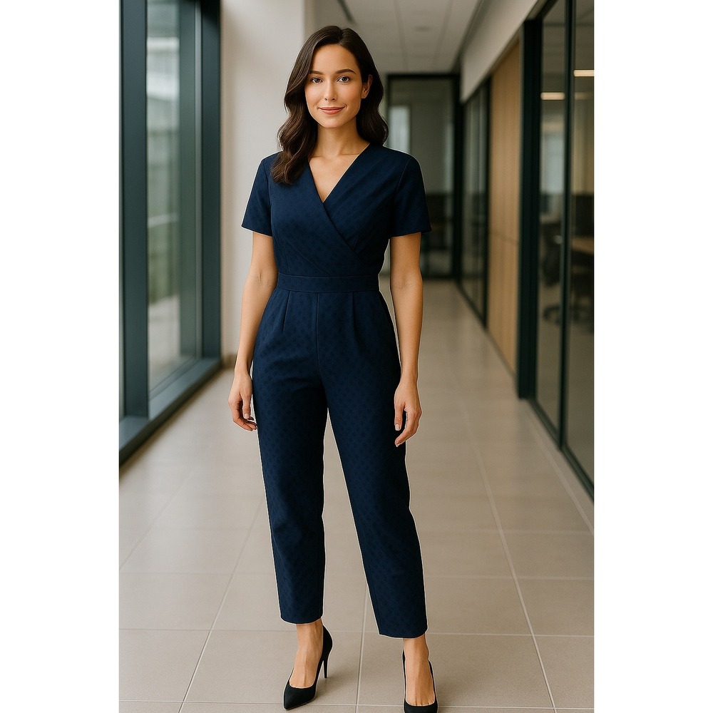 Jigsaw London Women's UK 8 / US 4 Navy Blue Polka Dot Short Sleeve Jumpsuit